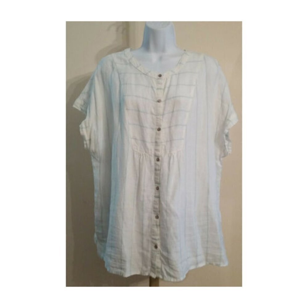 Christian Siriano 100% linen white with pastel stripes button top button…